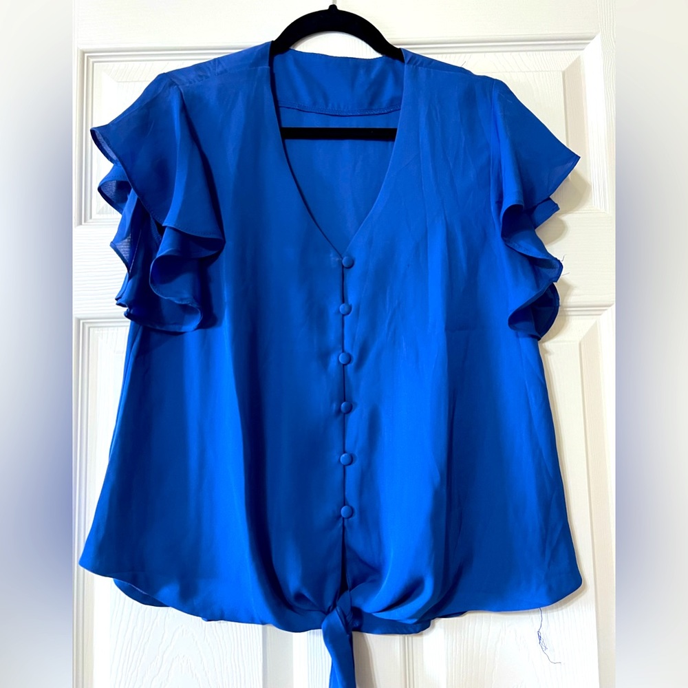 Royal blue short flutter sleeve top blouse size medium
